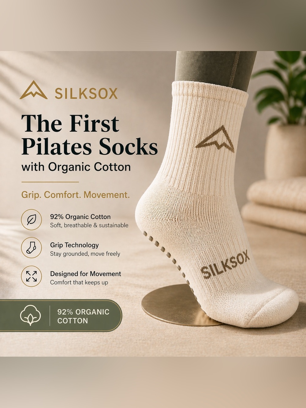 Organic cotton NWT un-dyed Pilates Socks with Grip